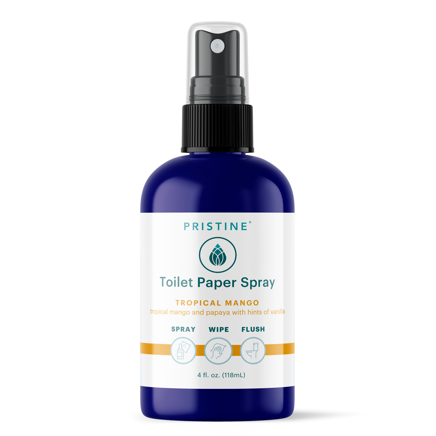 4 oz bottle of Pristine Toilet Paper Spray wet wipe alternative Tropical Mango scent