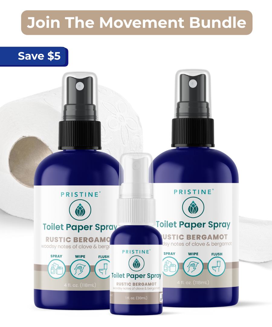 Three bottles of Pristine Toilet Paper Spray with a promotional banner above them.