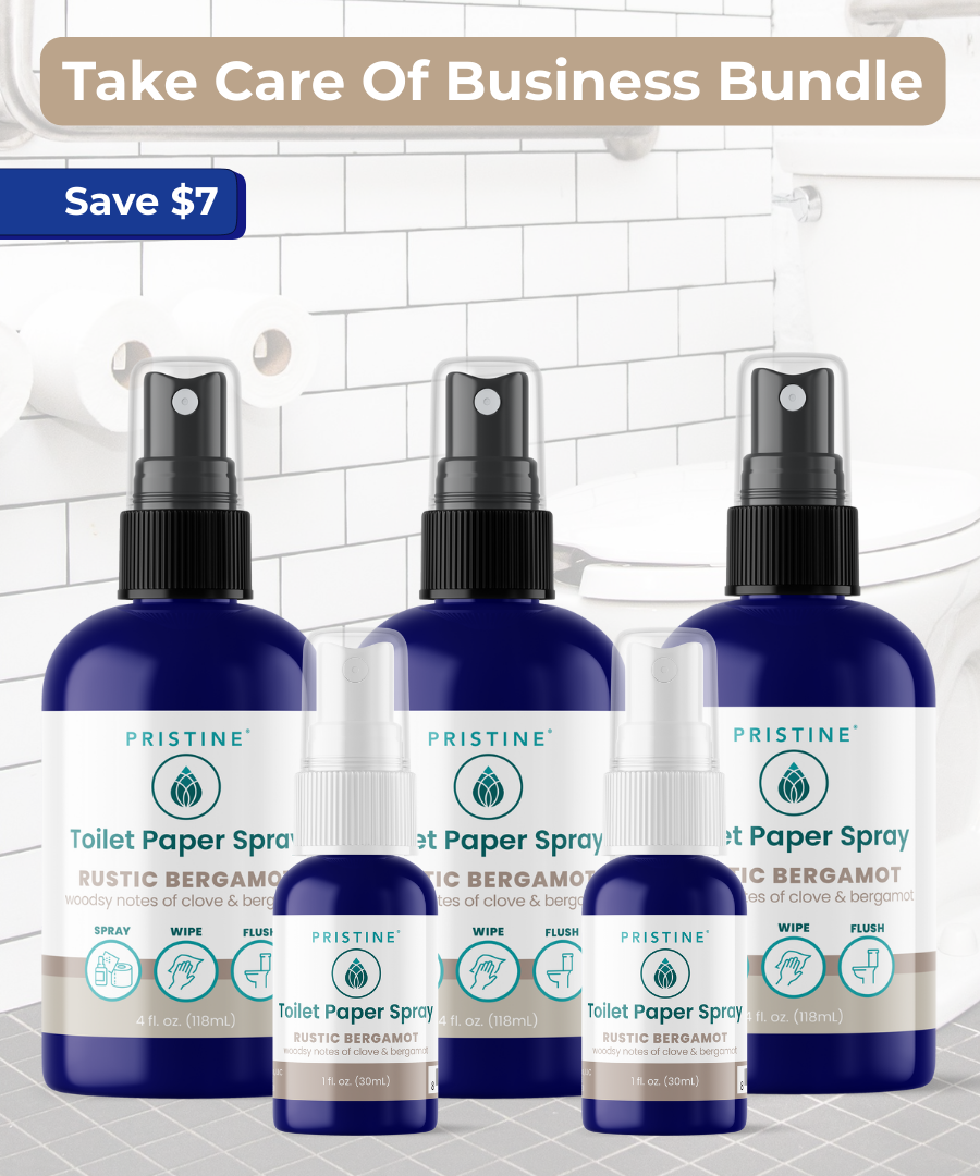 Three bottles of Pristine Toilet Paper Spray with packaging on a bathroom background.