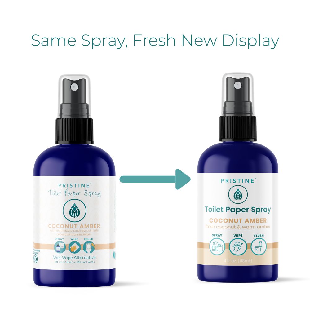 Two bottles of Pristine Toilet Paper Spray with a label change on a white background.