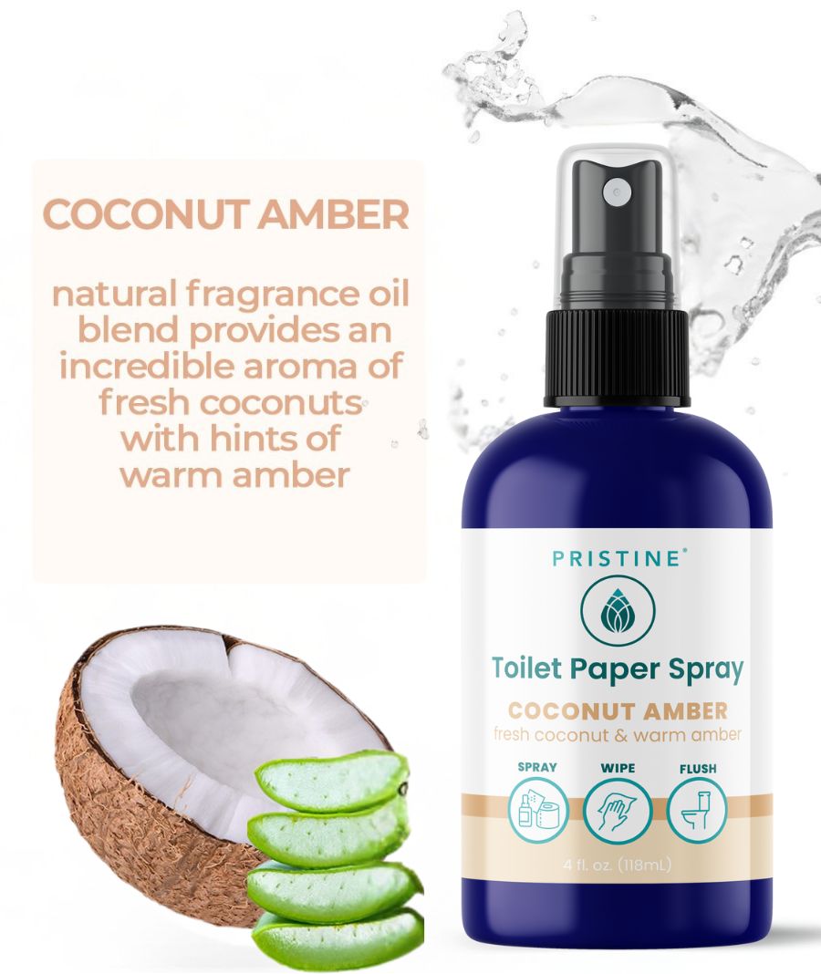 Pristine Coconut Amber Toilet Paper Spray bottle with coconut and aloe vera illustration on a white background