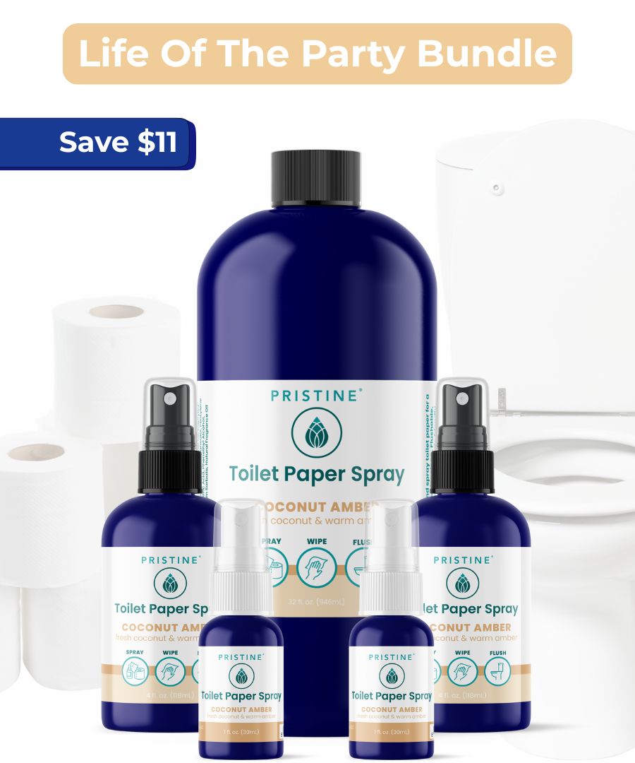 Pristine Toilet Paper Spray and related products with a promotional banner on a white background.