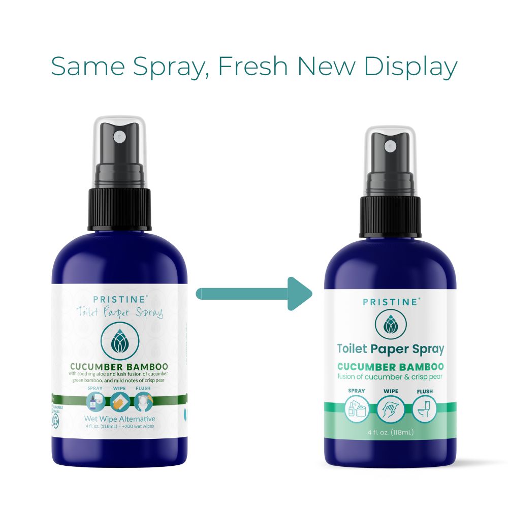 Two bottles of Pristine Toilet Paper Spray with a label change on a white background.