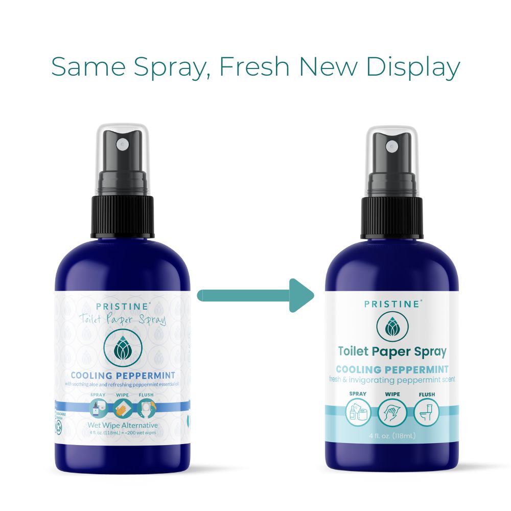 Two bottles of Pristine Toilet Paper Spray with a label change on a white background.