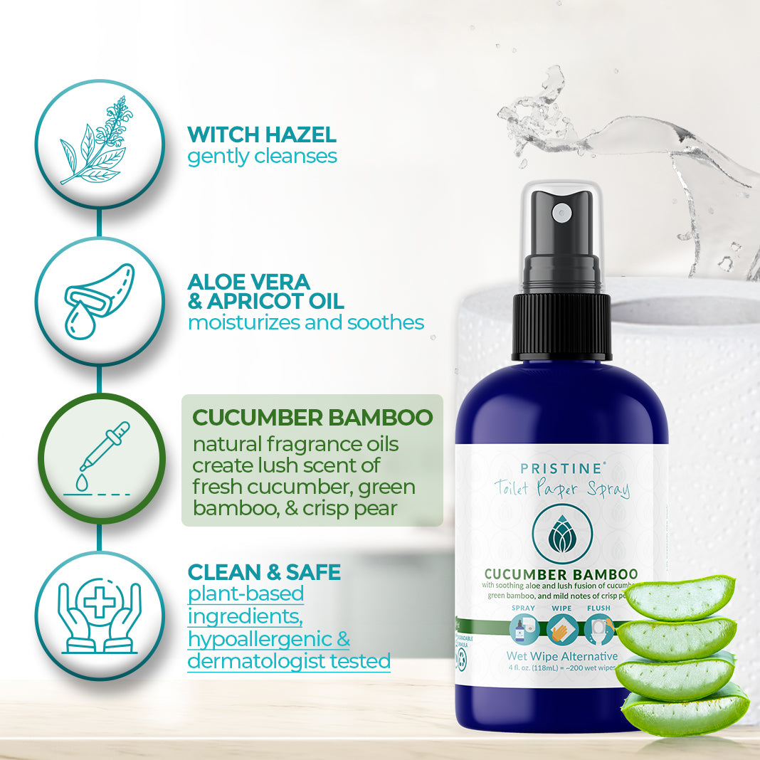 Toilet Paper Spray highlighted ingredients list also listed below on product page - witch hazel, aloe vera, Apricot oil, natural fragrance oil provides subtle scent of fresh cucumber, green bamboo, and crisp pear, hypoallergenic, dermatologist tested.