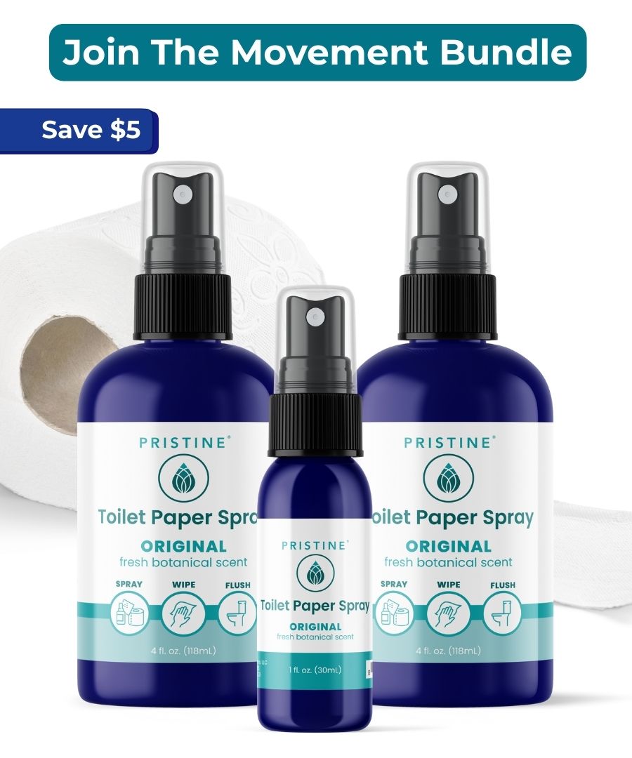 Three bottles of Pristine Toilet Paper Spray with a promotional banner above them.