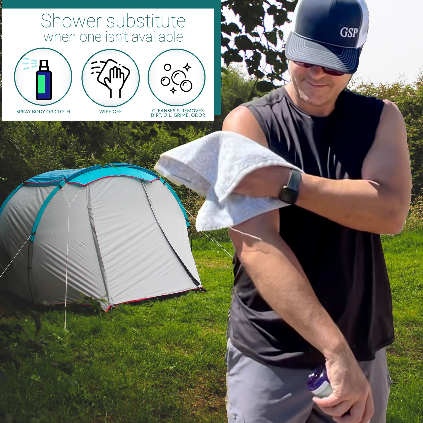 Man wiping arm with Pristine body cleansing spray in front of tent outdoors. Text reads "Shower substitute when one isn't available. Spray body. wipe off. cleansing. removes dirt, oil, grime, odor