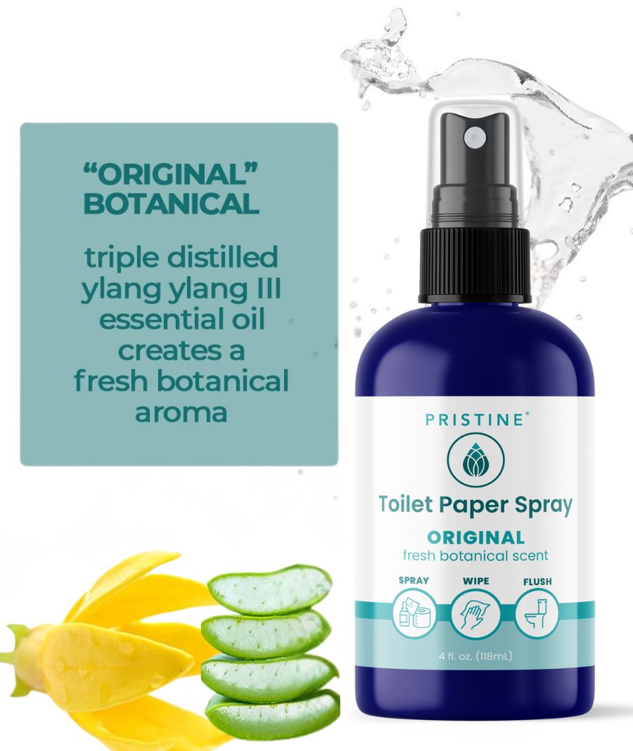 Bottle of Pristine Toilet Paper Spray with botanical elements and text on a white background
