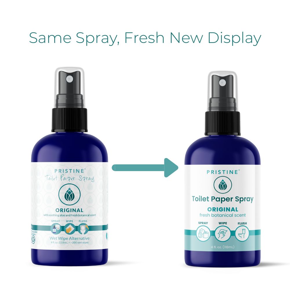 Two bottles of Pristine Toilet Paper Spray with a white background and text indicating a 'Same Spray, Fresh New Display'.