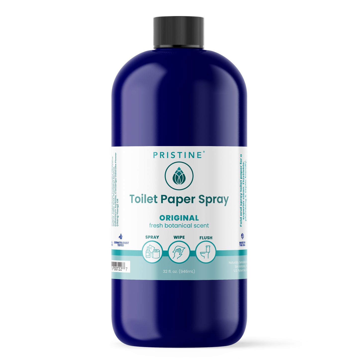 Bottle of Pristine Toilet Paper Spray on a white background