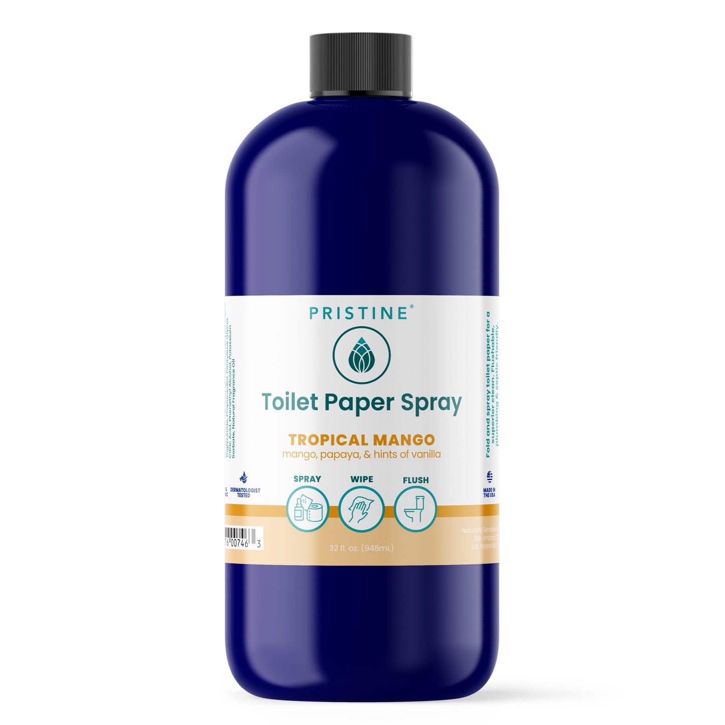 Pristine Toilet Paper Spray bottle with tropical mango scent on a white background
