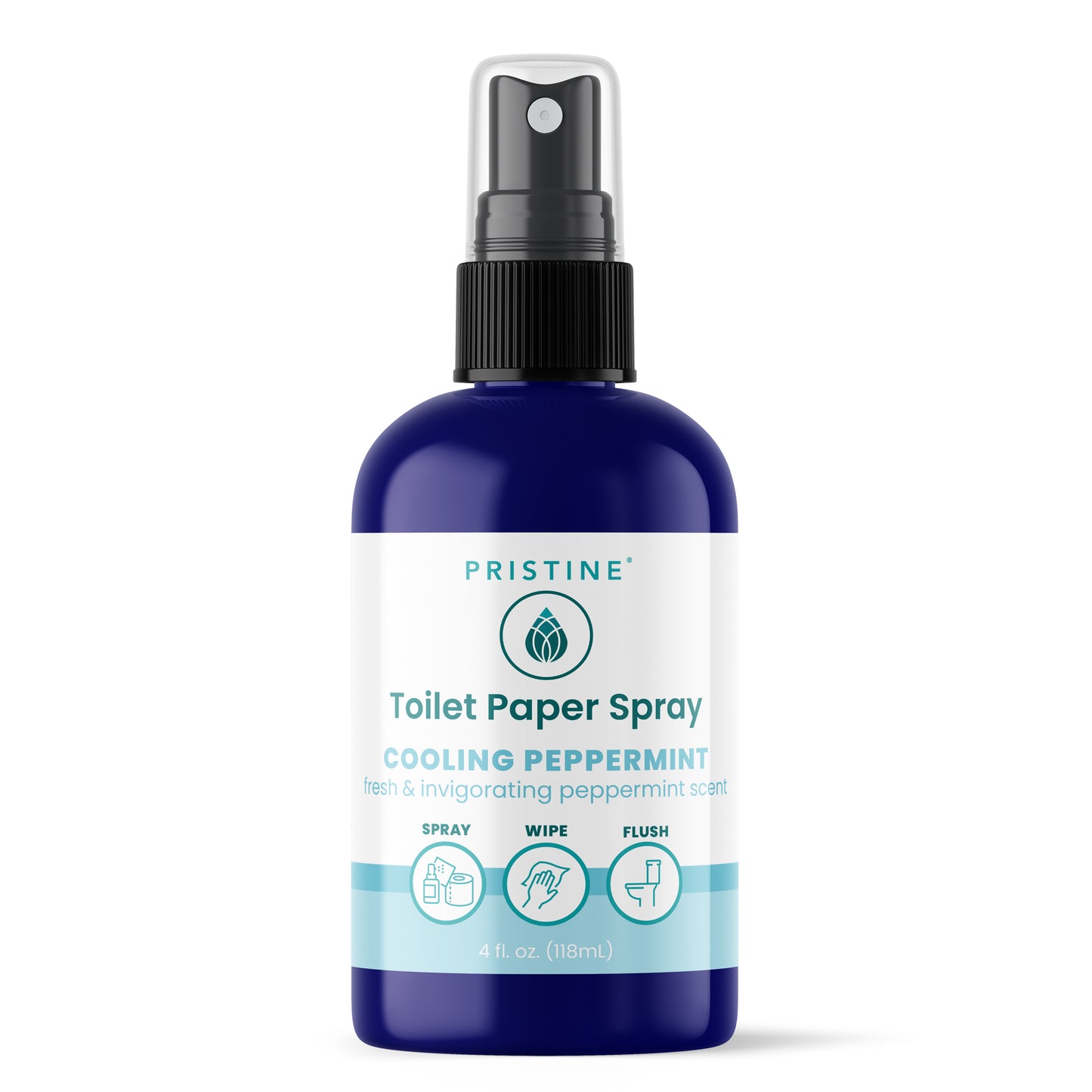 Pristine Toilet Paper Spray bottle with cooling peppermint scent on a white background