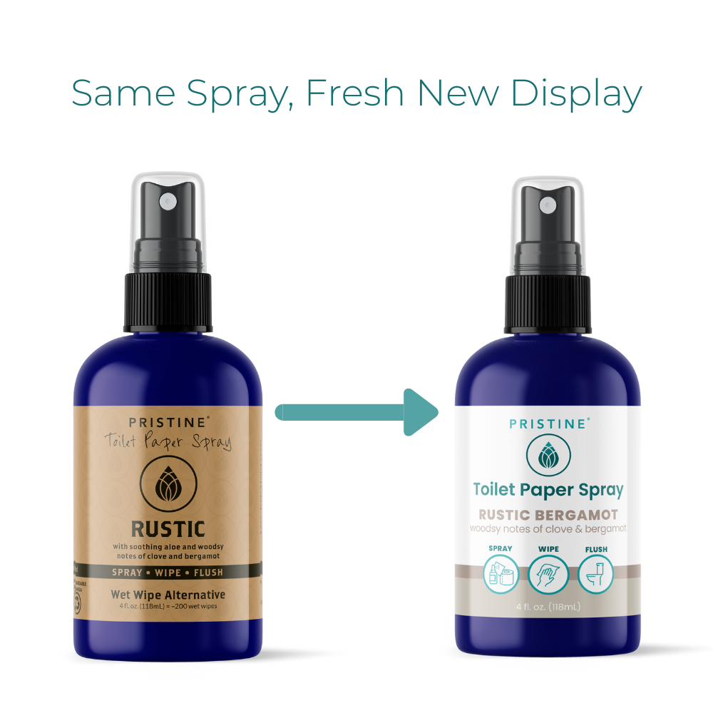 Two bottles of Pristine Toilet Paper Spray with different labels on a white background.