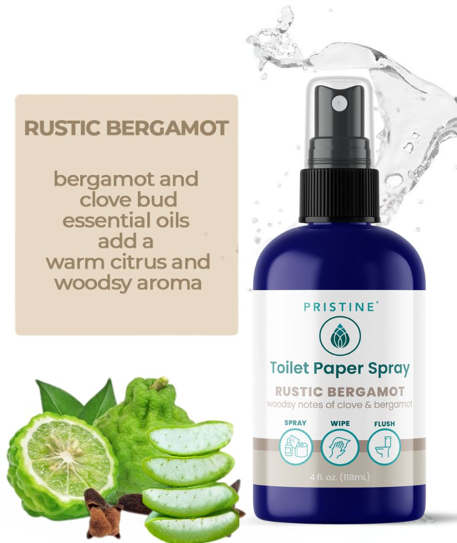 Pristine Rustic Bergamot toilet paper spray bottle with packaging and bergamot illustration on a white background