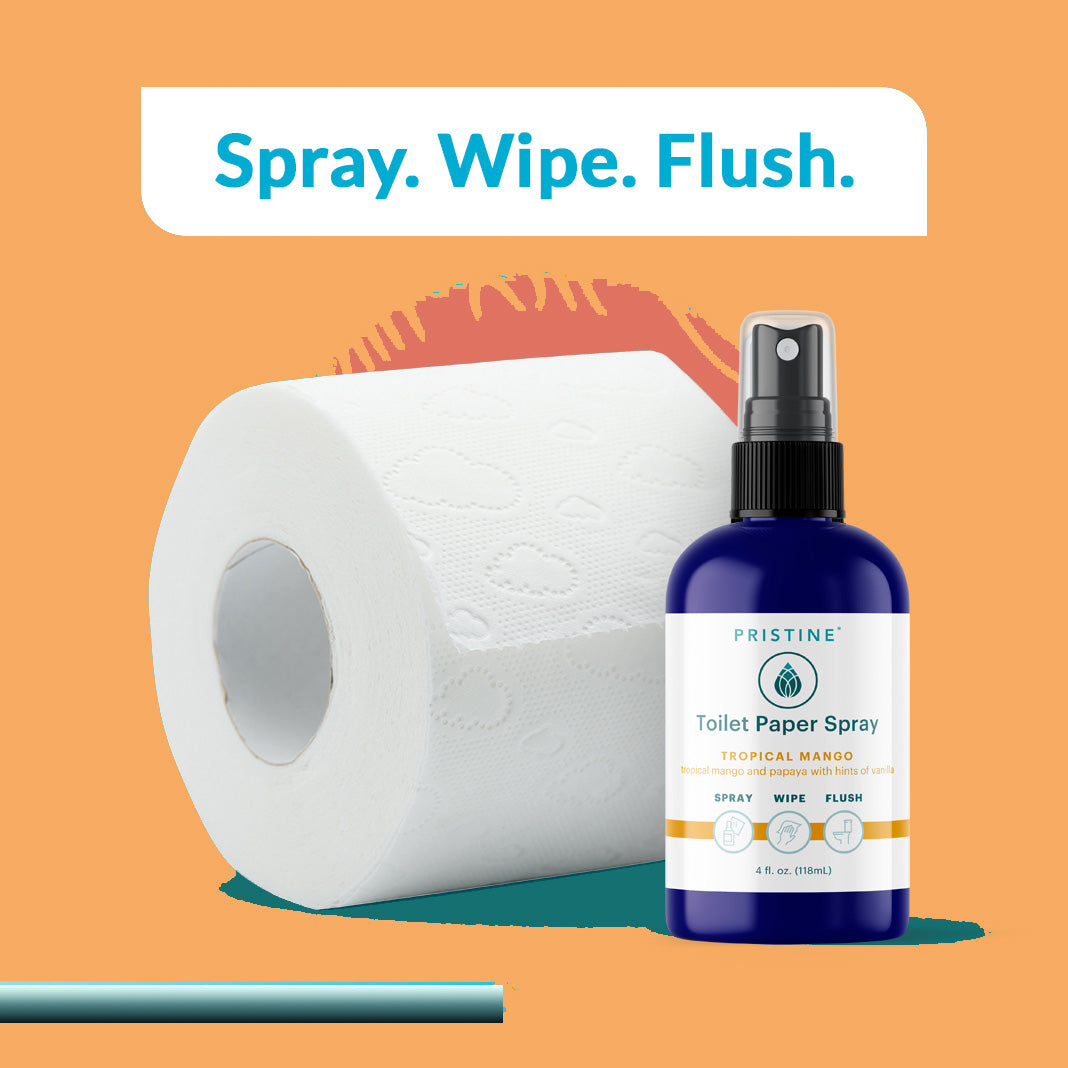 Spray. Wipe. Flush. Pristine Toilet paper spray wet wipe alternative positioned with roll of toilet paper