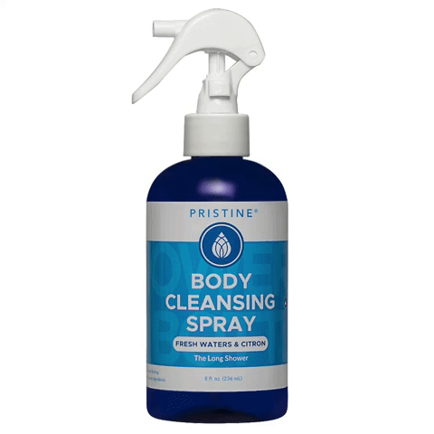 GIF of Pristine Body Cleansing Spray, Long Shower highlighting the locking mechanism on the trigger sprayer.