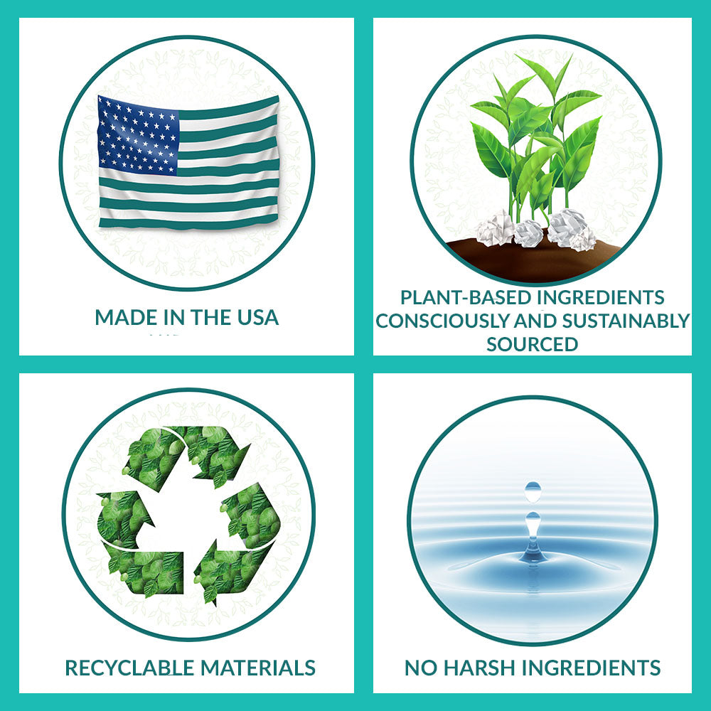 Pristine highlight icons: Made in USA. Plant-based ingredients consciously and sustainably sourced. Recyclable Materials. No Harsh Ingredients.