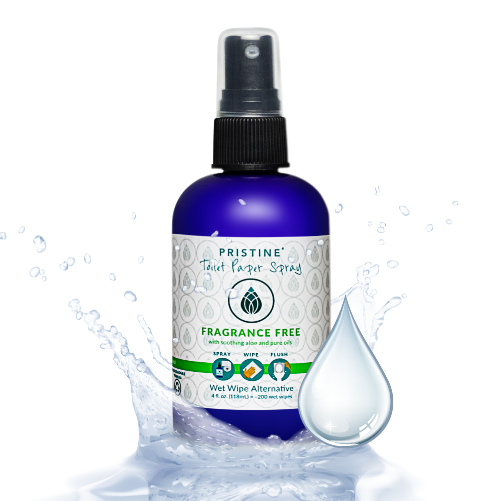 Bottle of Fragrance Free Pristine Toilet Paper Spray wet wipe alternative with water splashing around 