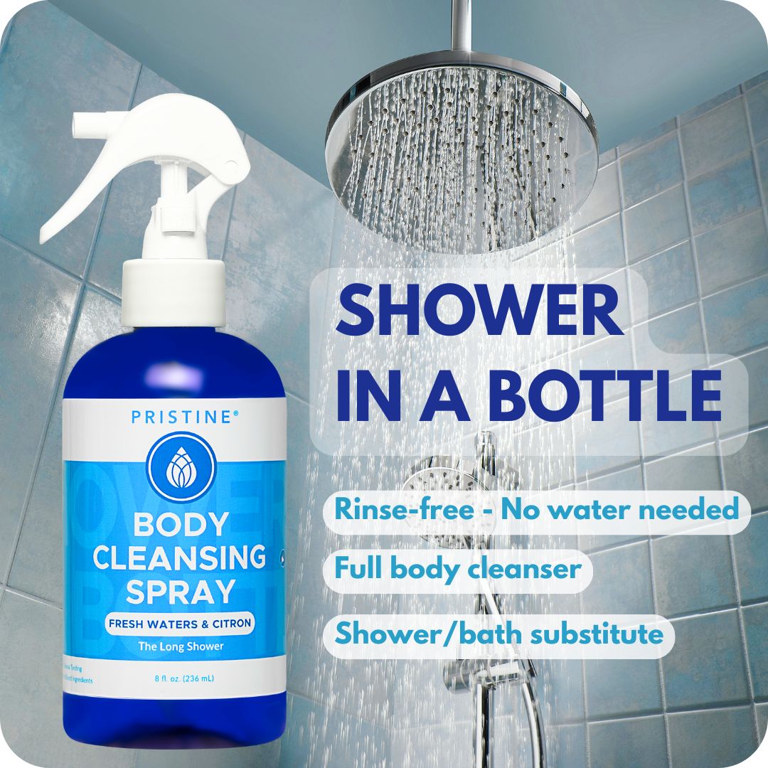 Body cleansing spray bottle with showerhead and tiled wall background