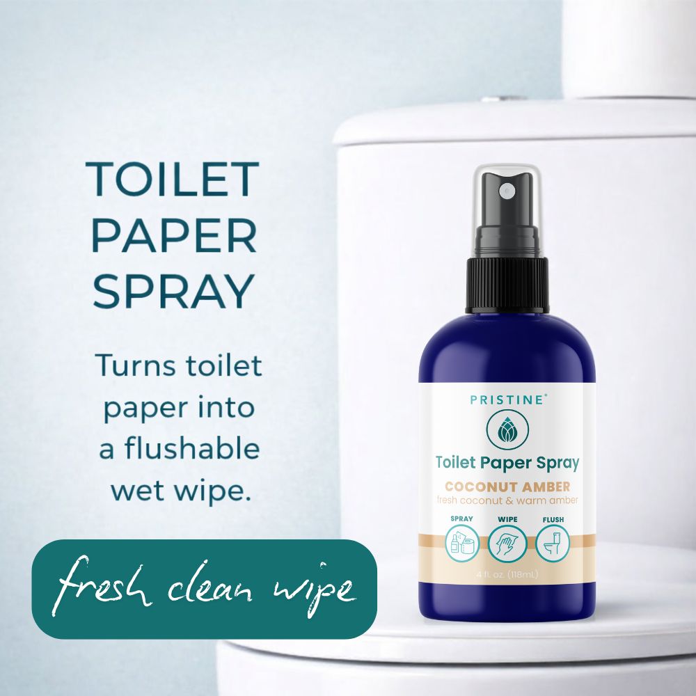 Bottle of Pristine Toilet Paper Spray with text on a toilet background