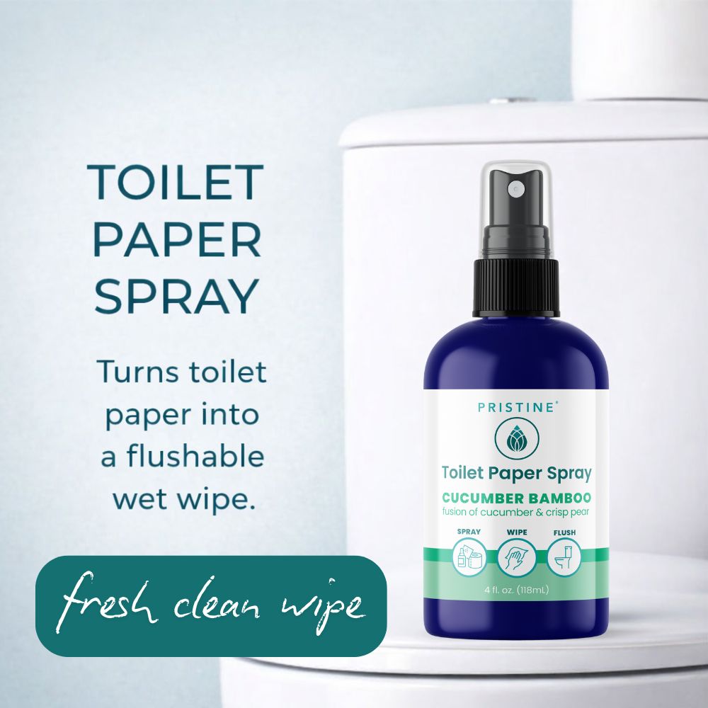 Bottle of Pristine Toilet Paper Spray with text on a light blue background