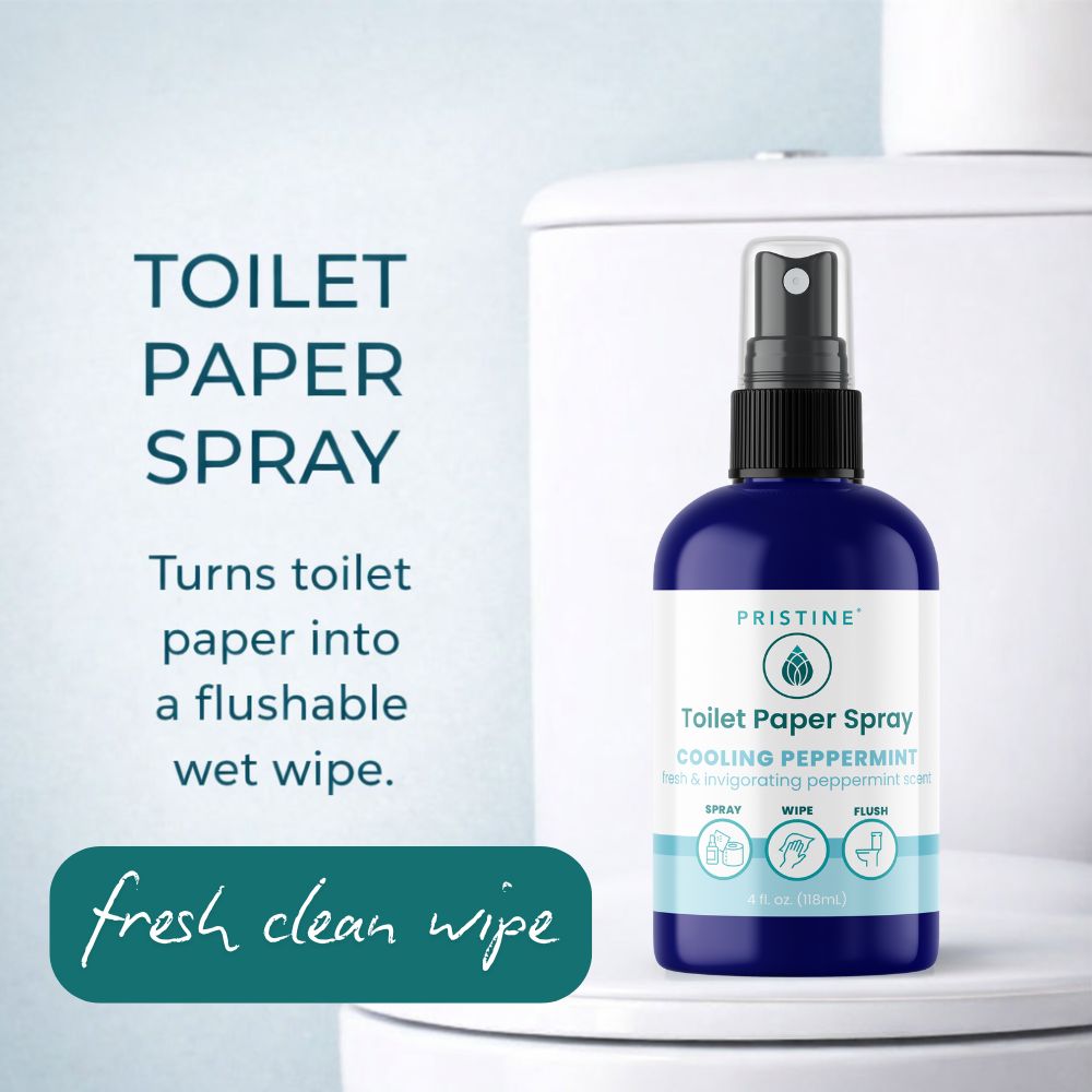 Bottle of Toilet Paper Spray with text on a toilet background