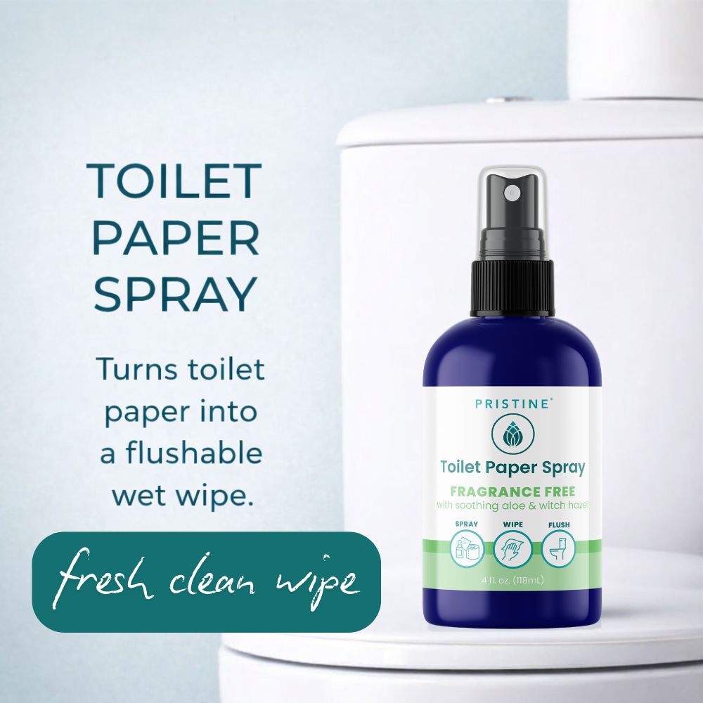 Pristine Toilet Paper Spray bottle with text on a toilet background