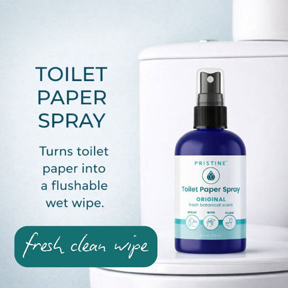 Pristine Toilet Paper Spray bottle with packaging and text on a light blue background