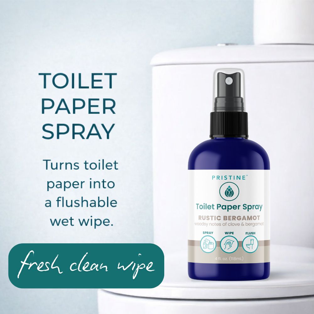 Bottle of Pristine Toilet Paper Spray with text on a light blue background