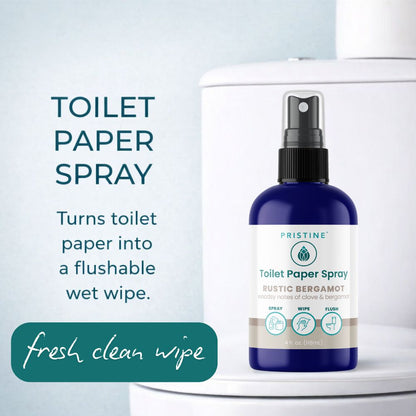 Bottle of Pristine Toilet Paper Spray with text on a light blue background