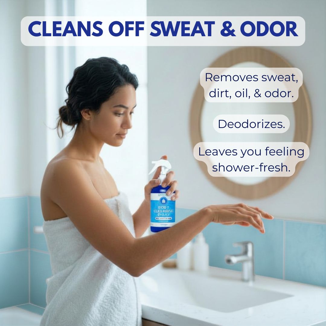 Woman applying a product to her hand in a bathroom setting with text about its benefits.