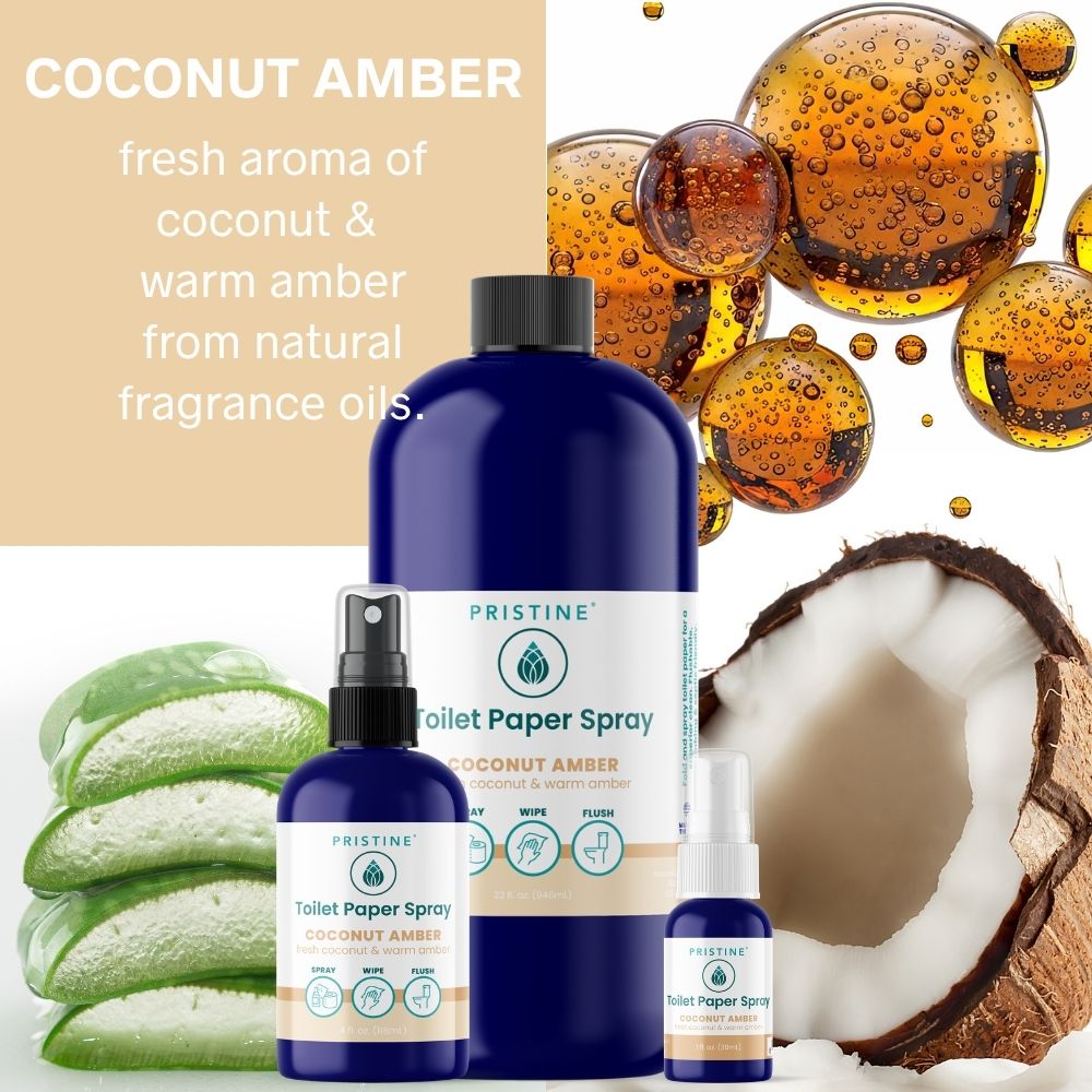 Pristine Toilet Paper Spray Coconut Amber with coconut, amber, and bubble elements on a beige background