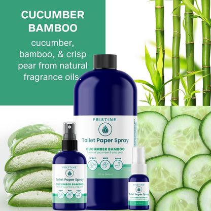 Pristine Toilet Paper Spray with cucumber, bamboo, and crisp pear scents on a green and white background with bamboo and cucumber slices.