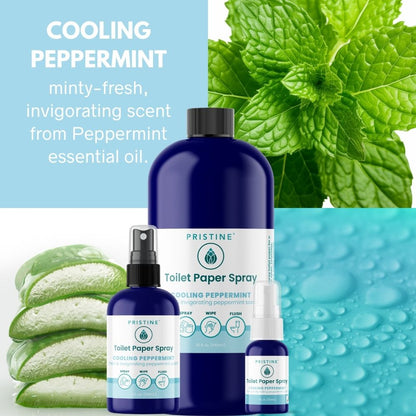 Pristine Toilet Paper Spray bottles with peppermint leaves and water droplets on a blue background