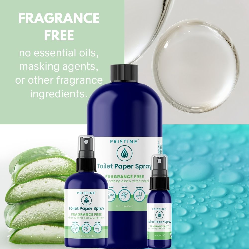 Pristine Toilet Paper Spray bottles with green and blue backgrounds, emphasizing fragrance-free formula.