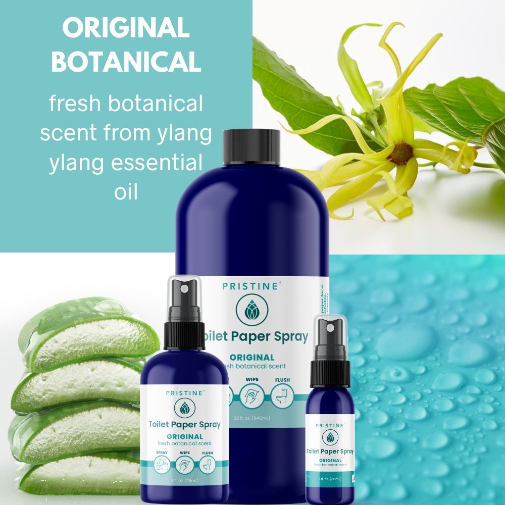 Pristine Toilet Paper Spray bottles with ylang ylang essential oil and green leaves in the background