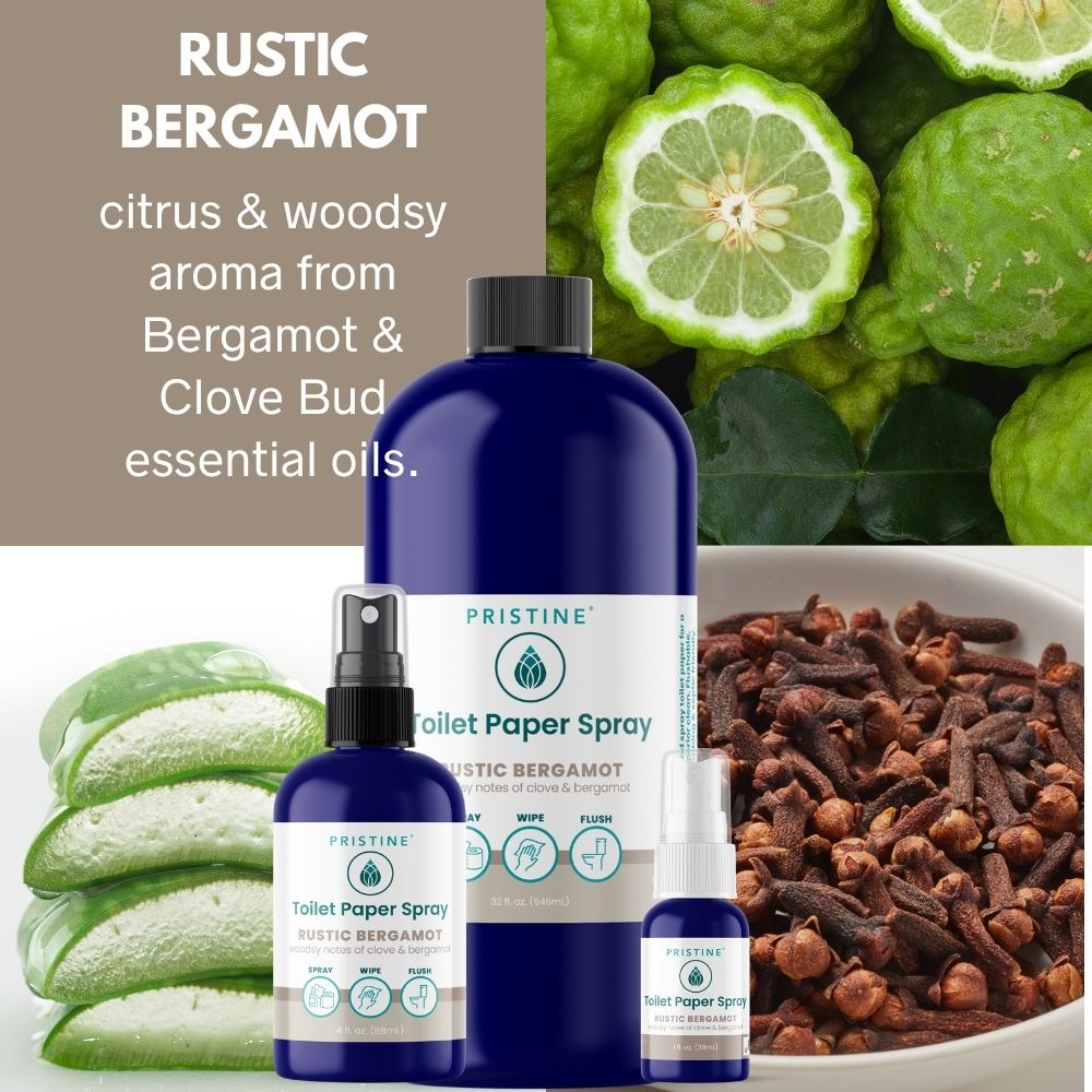 Pristine Rustic Bergamot toilet paper spray with bergamot fruit, cloves, and toilet paper in the background.