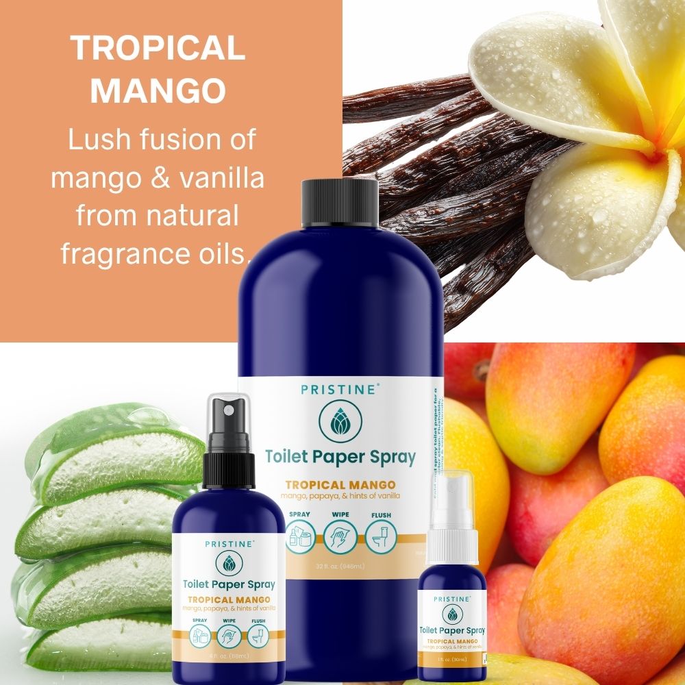Pristine Toilet Paper Spray with tropical mango fragrance, surrounded by mangoes and vanilla beans.