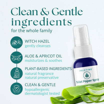 Pristine Toilet Paper Spray with ingredients listed on a white background