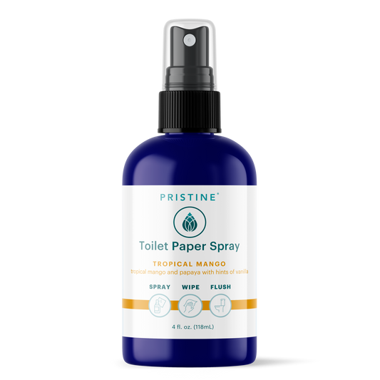 4 oz bottle of Pristine Toilet Paper Spray wet wipe alternative Tropical Mango scent