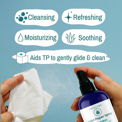 Hands holding a bottle of toilet paper spray and a tissue, with text indicating product benefits on a blue background.