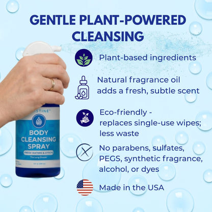 Body cleansing spray with plant-based ingredients on a blue background