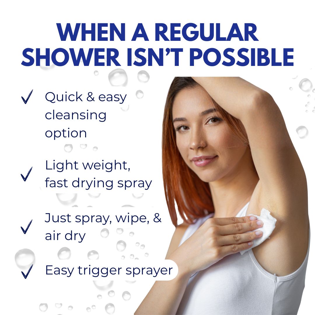 Woman using a spray product on her arm with text highlighting features.