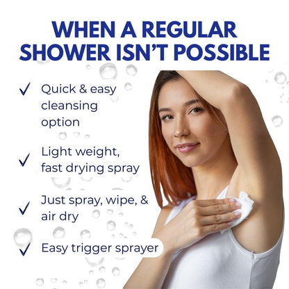 Woman using a spray product on her arm with text highlighting features.