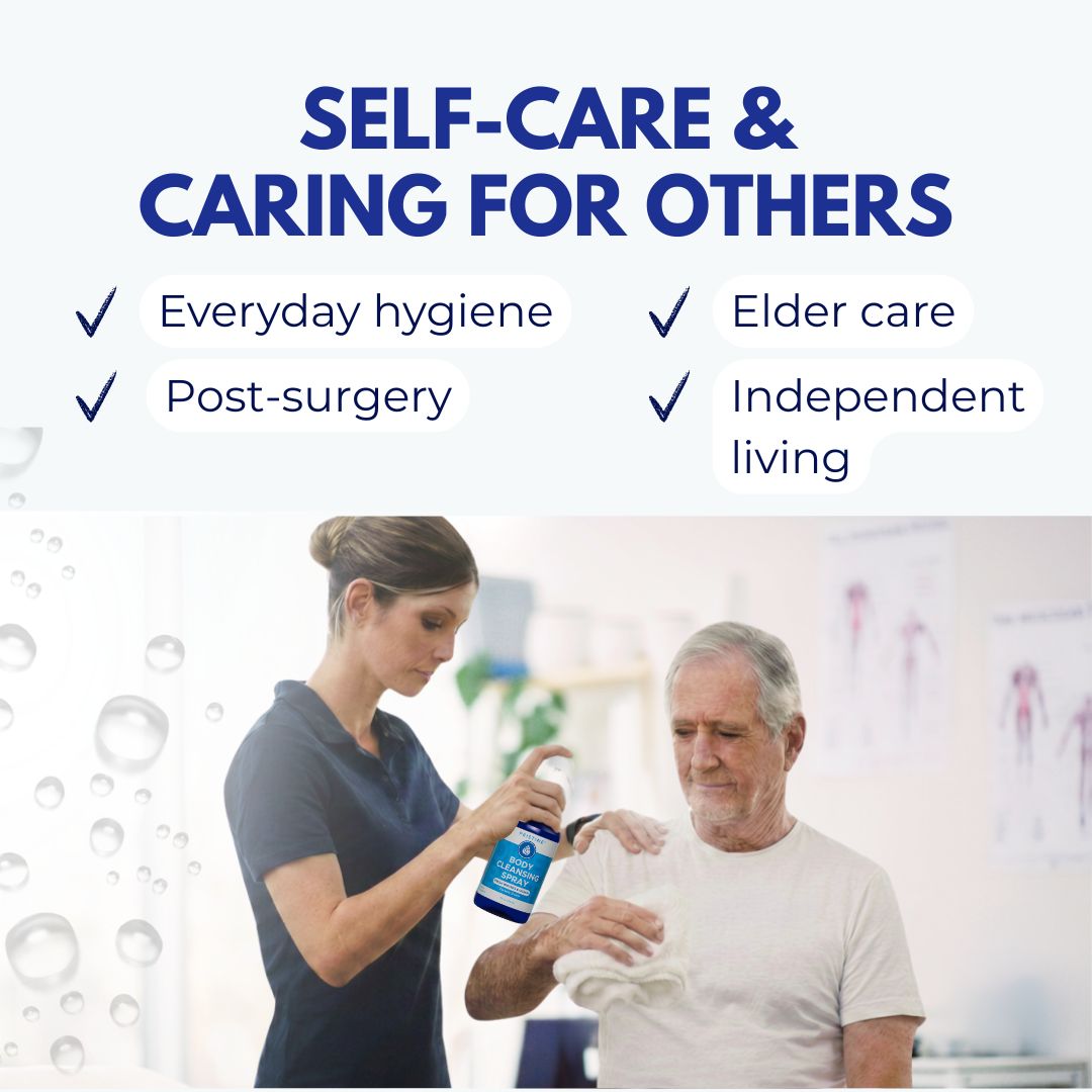Person assisting another person with a bottle, with text about self-care and caring for others.