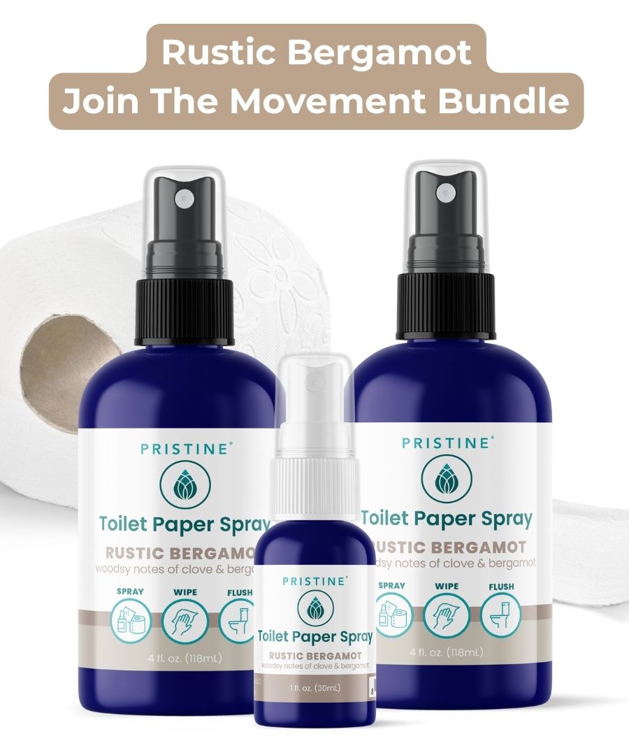 pristine toilet paper spray wet wipe alternative featured with rolls of toilet paper