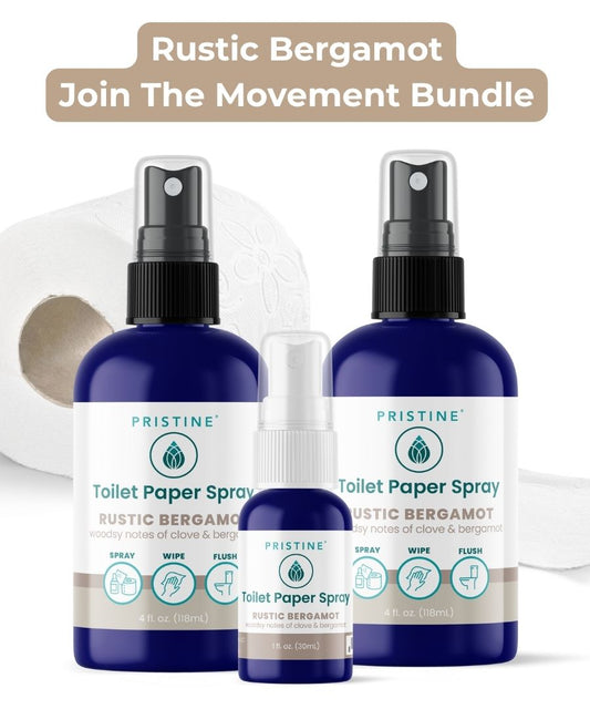 pristine toilet paper spray wet wipe alternative featured with rolls of toilet paper