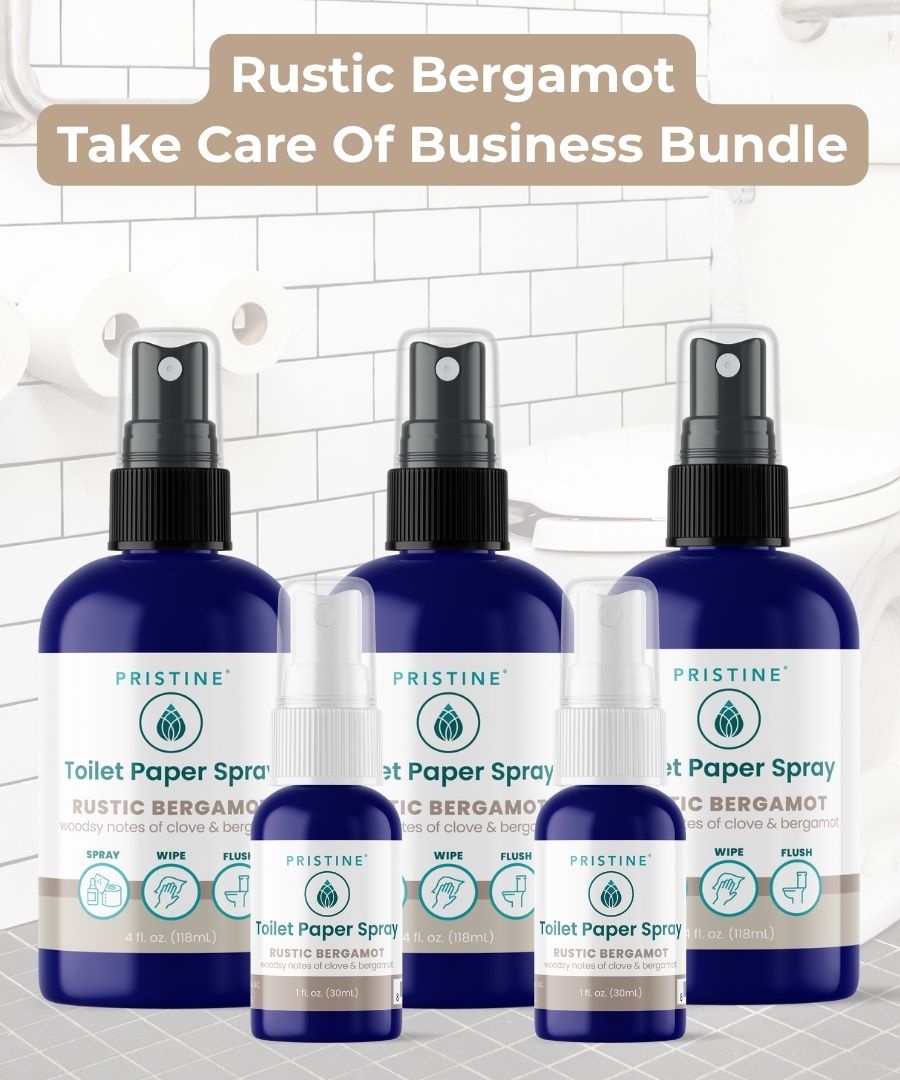 pristine toilet paper spray wet wipe alternative featured with toilet paper rolls and banner