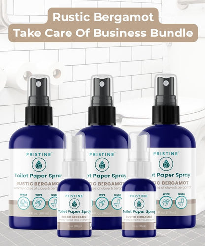 pristine toilet paper spray wet wipe alternative featured with toilet paper rolls and banner