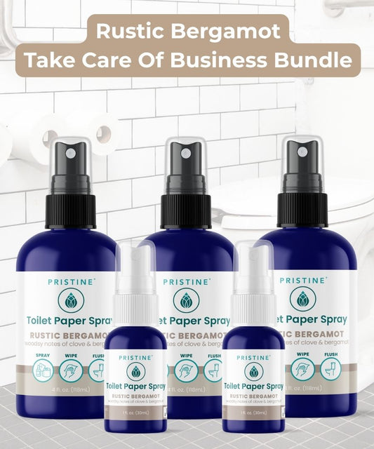 pristine toilet paper spray wet wipe alternative featured with toilet paper rolls and banner